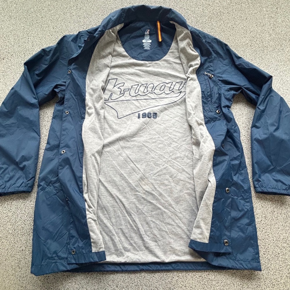 Vintage K-Way Lined Rain Jacket Men's XL Long Blue Nylon Blend Snaps Palm Print